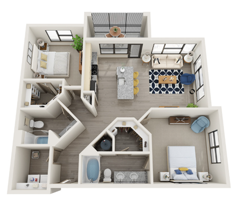 A top-down view of a modern apartment layout with a living room, kitchen, and bedrooms.